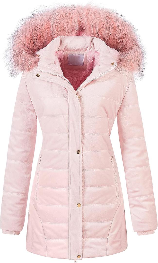 Chrisuno Women's Warm Winter Coat Velvet Puffer Jacket Quilted Faux Fur Hood (XS, Pink)