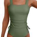 Aleumdr Womens Retro Ruched Two Piece Strappy Tummy Control Swimwear Tie Side Tankini Bathing Suit Set (Medium, Green)