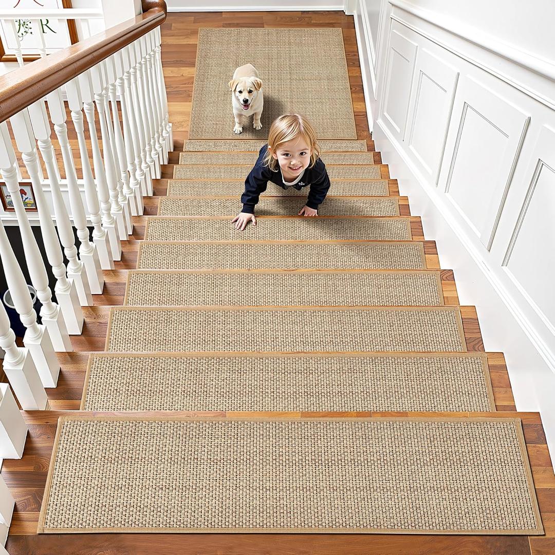 Chenille Stair Treads Non Slip 10pcs Comfortable Stair Runner for Wooden Steps Rubber Backing Stairs Carpet Treads Indoor Staircase Covers Mat with Rubber Backing for Pets Kids 8"X30" Beige