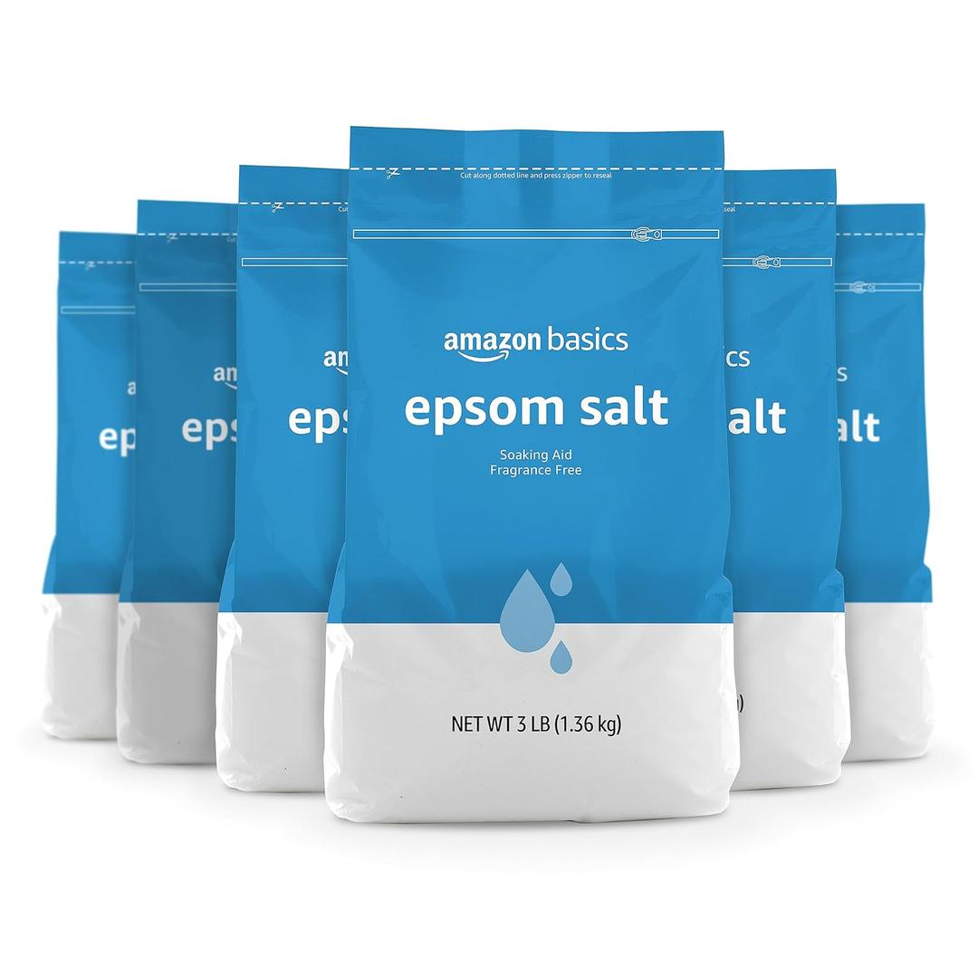 Amazon Basics Epsom Salt Soak, Fragrance Free, Magnesium Sulfate USP for Relaxation and Soothing Foot Soaking, 3 Pound Resealable Bags, 6-Pack