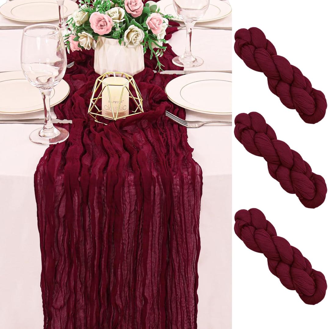 4 Pack 120 Inch Burgundy Cheesecloth Table Runner Boho Rustic Gauze Sheer Romantic 10 FT Long Cheese Cloth Table Runner for Bridal Baby Shower Wedding Party Birthday Holiday Home Easter Decor