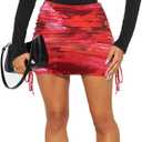 Oumrdeo Womens Sexy Mesh Ruched Bodycon Mini Skirt High Waist Adjust Drawstring Short Skort (Red, XXL)