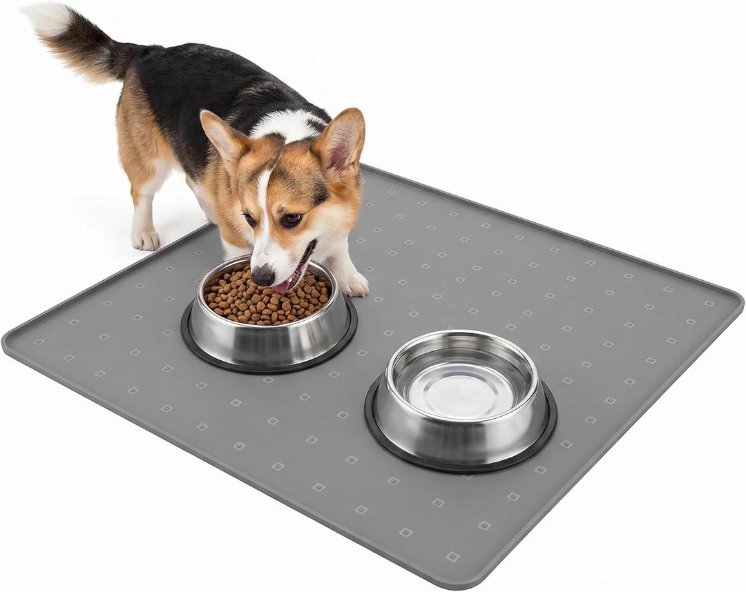 Silicone Pet Feeding Mat, 26x26 Inch Waterproof Dog Bowl Mat Non-Slip, Machine Washable, Thin 0.23 Inch Edge for Messy Eaters, Protects Hardwood & Tile Floors, Dark Grey