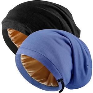 2 Pcs Adjustable Silk Hair Bonnet for Sleeping, Satin Lined Sleep Cap for Women and Men, Silk Hair Wrap Slouch Beanie