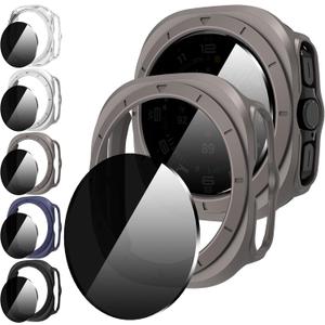 Suoman 5+5 Pack for Samsung Galaxy Watch 7/8 Ultra 47mm (2024/2025) Privacy Screen Protector Case, [Anti-Peeping] 9H Tempered Glass, All-Round PC Matte Protective Cover Bumper