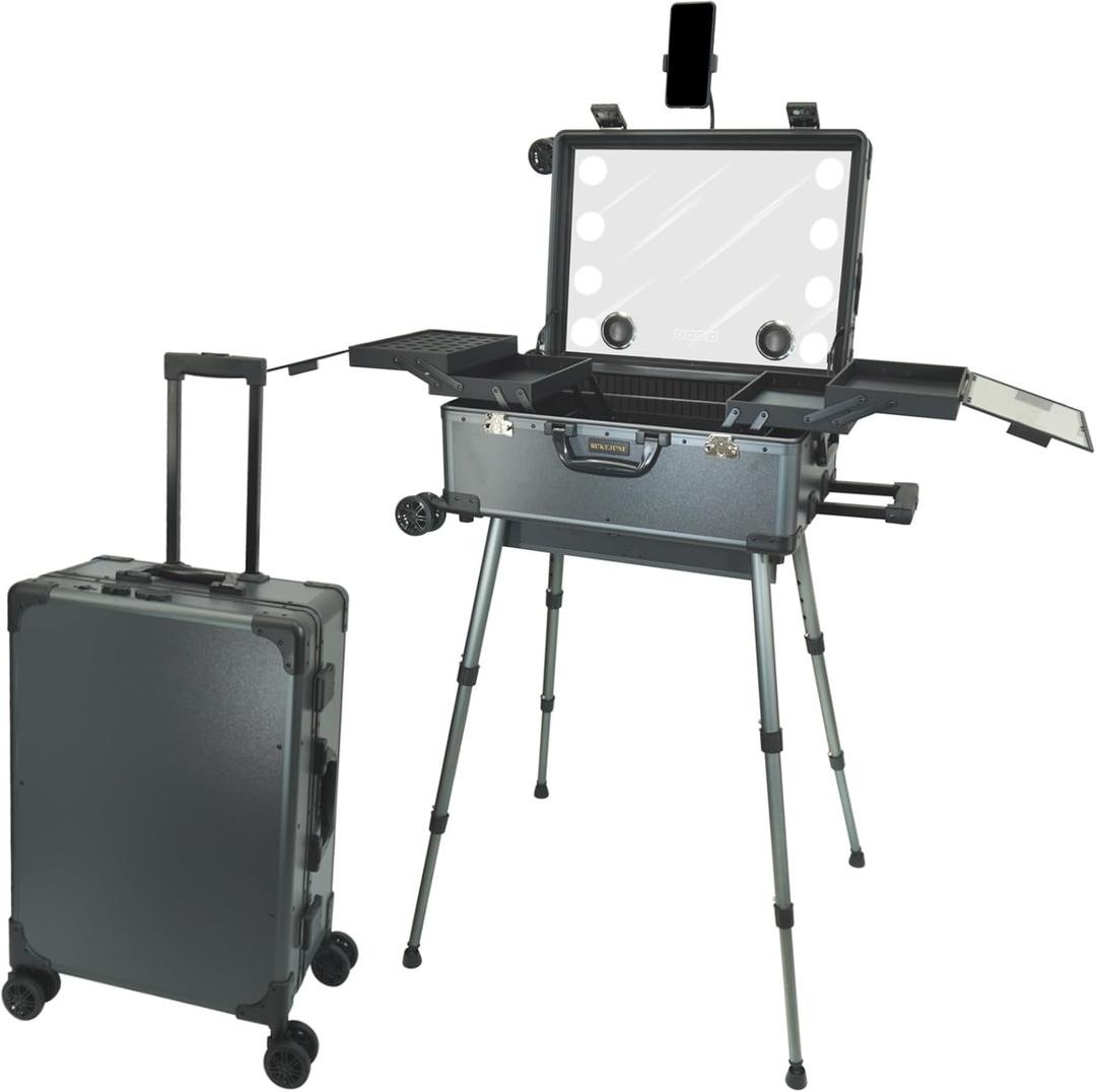 Rolling Makeup Train Case with Mirror and Lights Cosmetic Travel Box Mobile Barber Stations with Bluetooth, Speaker, Wheels, Stands (EXP 05/12/27)