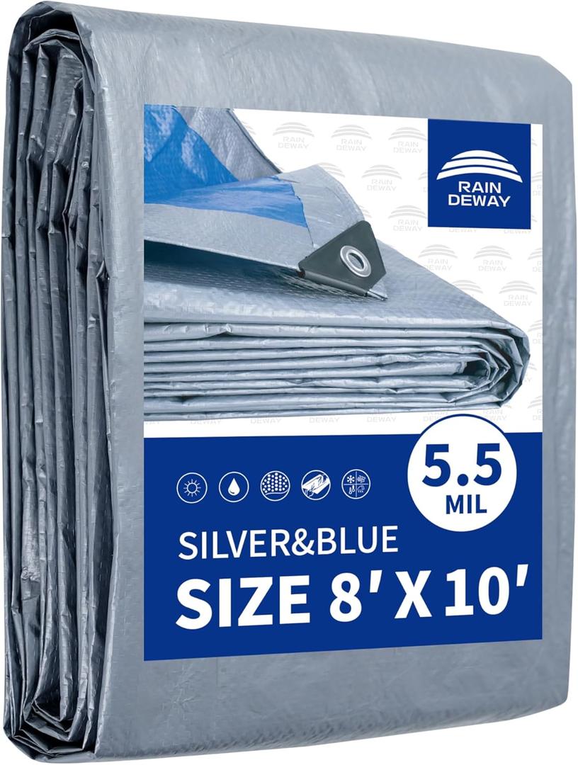 RAINDEWAY Tarps 8x10 Feet, 5.5 Mil - Multipurpose Waterproof Poly Tarp Cover with Metal Grommets and Reinforced Edges, Silver/Blue Tarp