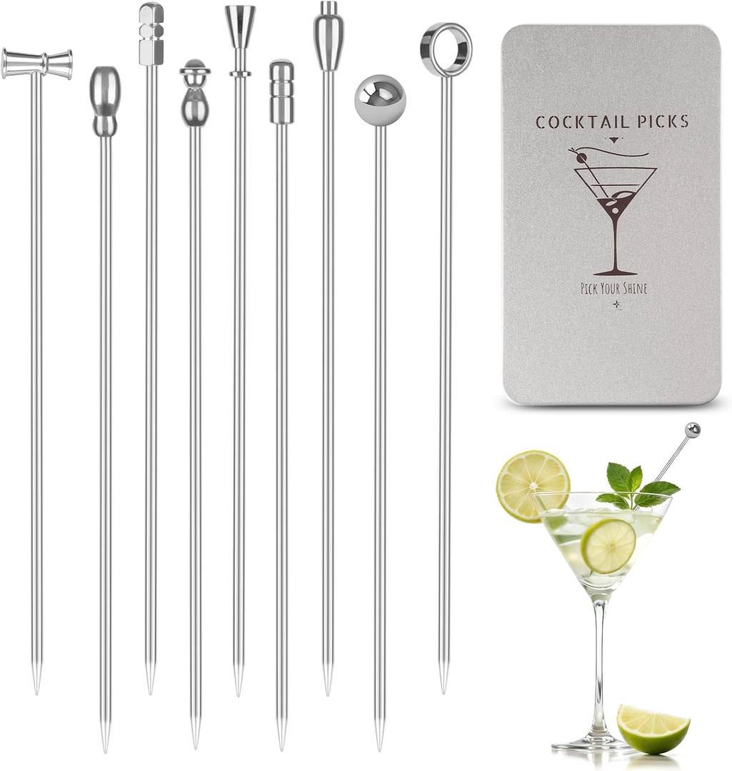 Metal Martini Cocktail Picks 9 Pcs, 4.1 in Olive Skewers Stainless Steel, Martini Garnish Sticks Reusable, Metal Toothpicks for Drinks, Appetizers, Bar Accessories Gift for Bartenders - Sliver
