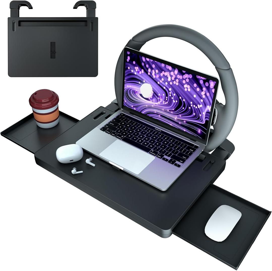 Extendable Steering Wheel Tray Desk for Laptop & Tablet, Adjustable Car Dining Table with Locking Clip Support, Portable Wheel Desk for Eating, Working, Travel