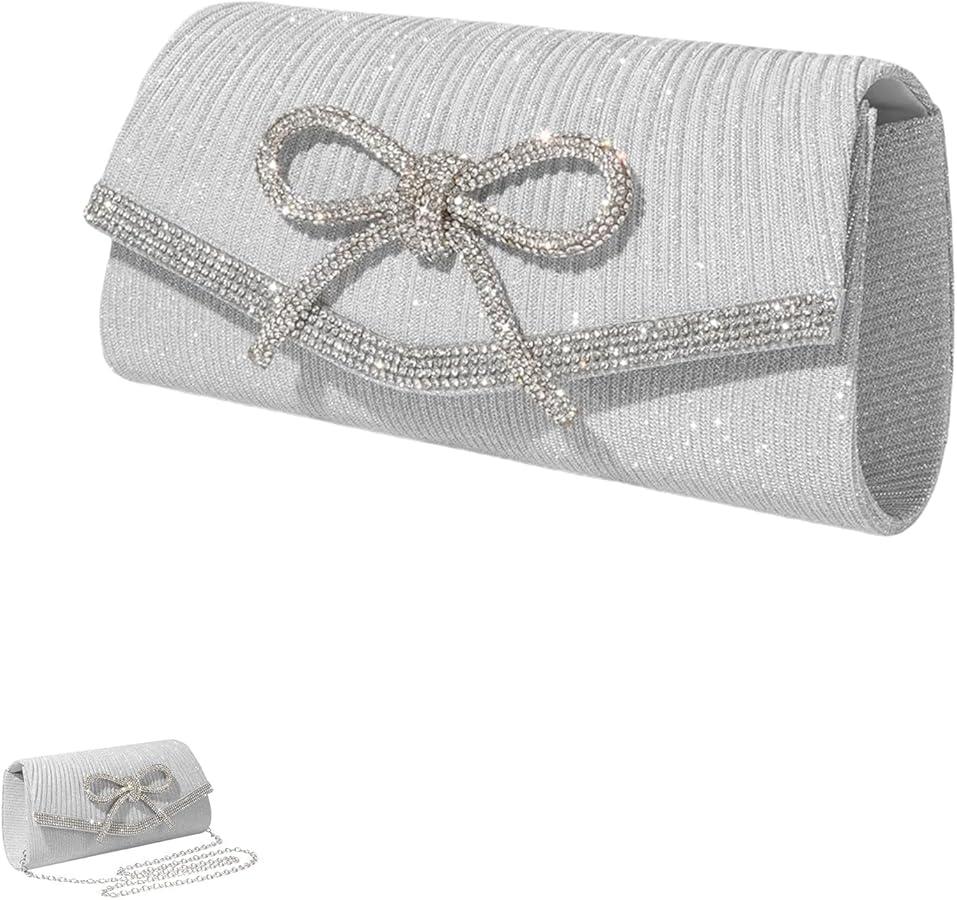 Silver Diamante Clutch Bag, Bow Bag Silver Clutch Bags Clutch Bags for Women Sparkling Rhinestone Bow Evening Women's Clutches With Detachable Chain Strap for Party Ladies