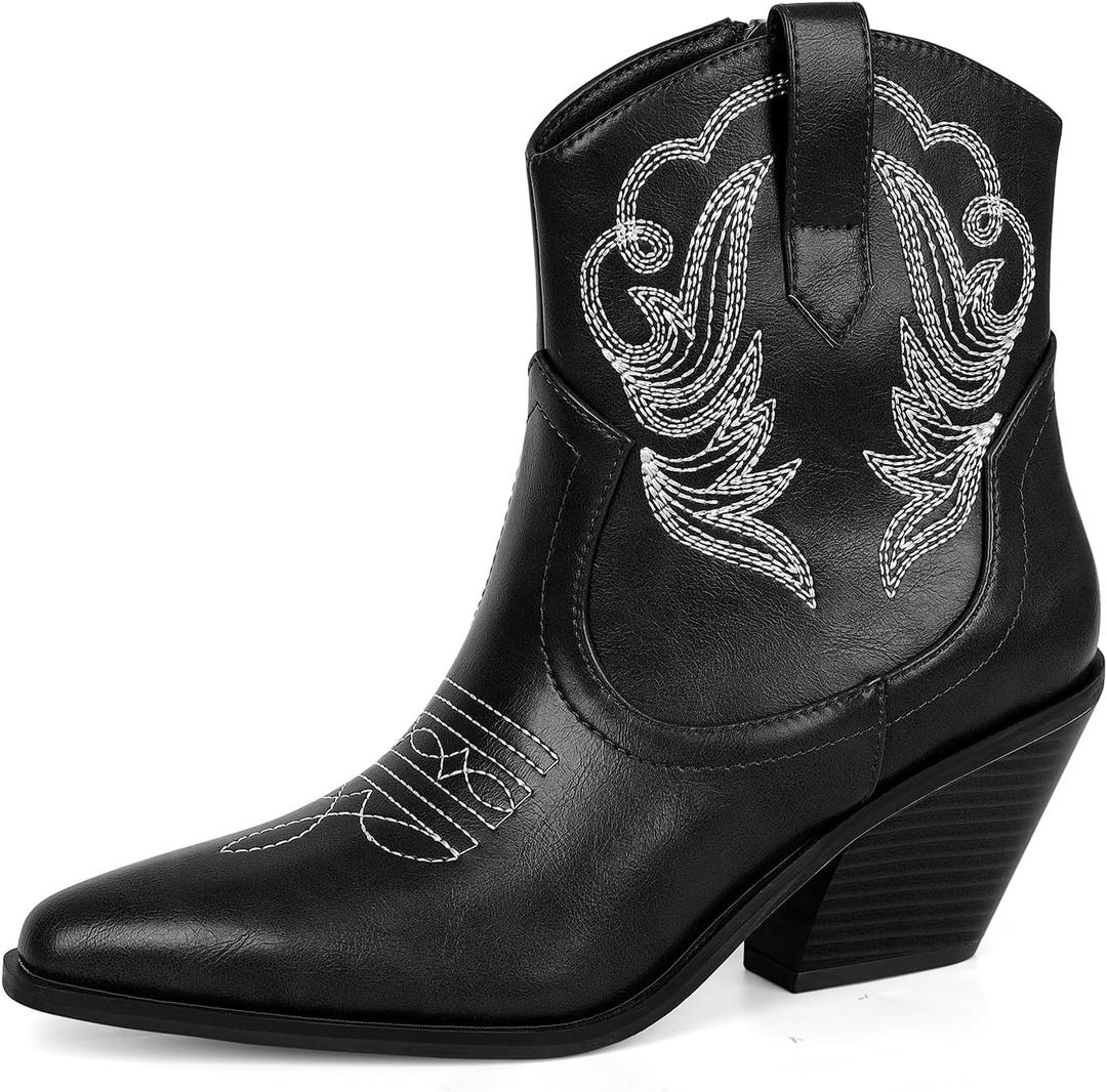 PIZZ ANNU Women's Embroidered Western Cowboy Boots Cowgirl Round Toe Short Ankle Boots Ladies Fashion Retro Classic Booties Chunky Heels (6, Black Pu)