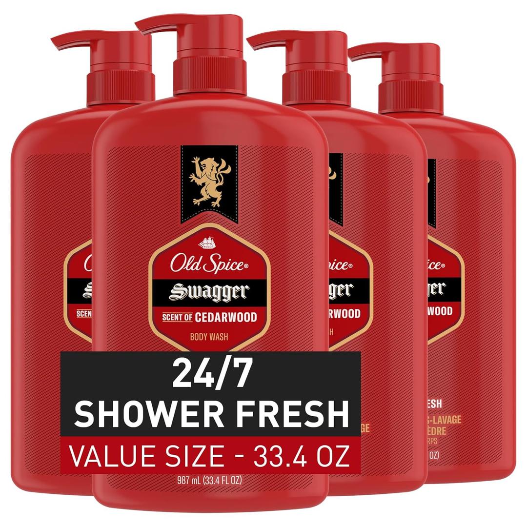 Old Spice Refreshing Body Wash for Men, 3X Defense, 24/7 Shower Fresh with Long Lasting Scent, Red Collection, Swagger with Cedarwood Scent, 33.4 oz (Pack of 4) (33.4 Fl Oz (Pack of 4))