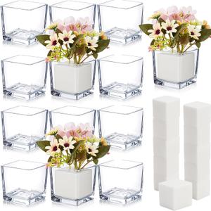 Yerliker 12 Pack Square Glass Vases 3" x 3" x 3" Clear Square vases for centerpieces Small Flower Vase Cube Bulk with Floral Foam Blocks Suitable for Wedding Home Party Halloween Christmas Decoration