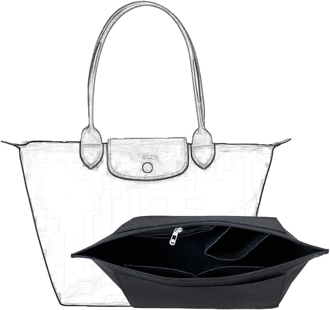 Purse Organizer, Multi-Pocket Felt Handbag Organizer, Folding Tote Bag organizer insert for Insert Wallet Organizer Suitable for Longchamp (Black, Large)