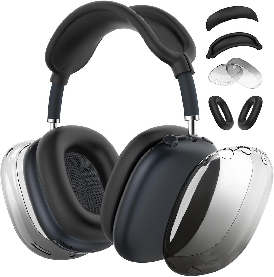 [4 in 1] Silicone Case Cover for AirPods Max, Clear Gradient Soft TPU Ear Cups Cover/Ear Pad Case Cover/Headband Cover Transparent Accessories for Apple AirPods Max (2024/2020)(USB-C/Lightning), Black