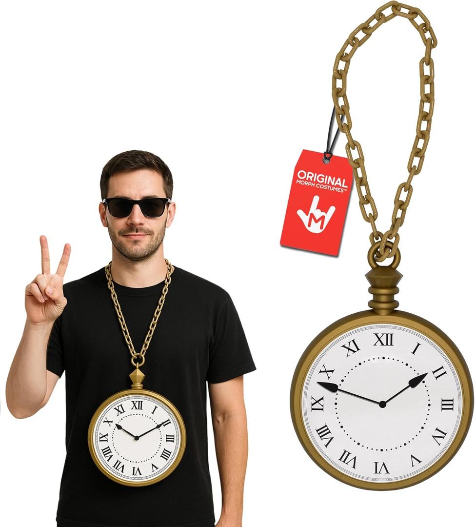 Nicky Bigs Novelties Morph Jumbo Clock Necklace Prop 10 Oversized Clock on 16 Chain White Rabbit Flavor HipHop Costume Accessory Lightweight Plastic Cosplay Halloween Decoration