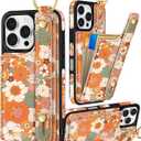 Petitian for iPhone 16 Pro Case Wallet - Women Girls Cute Girly Aesthetic Unique Design Leather Credit Card Holder Cardholder Stand Wristband for iPhone 16 Pro, Orange Floral