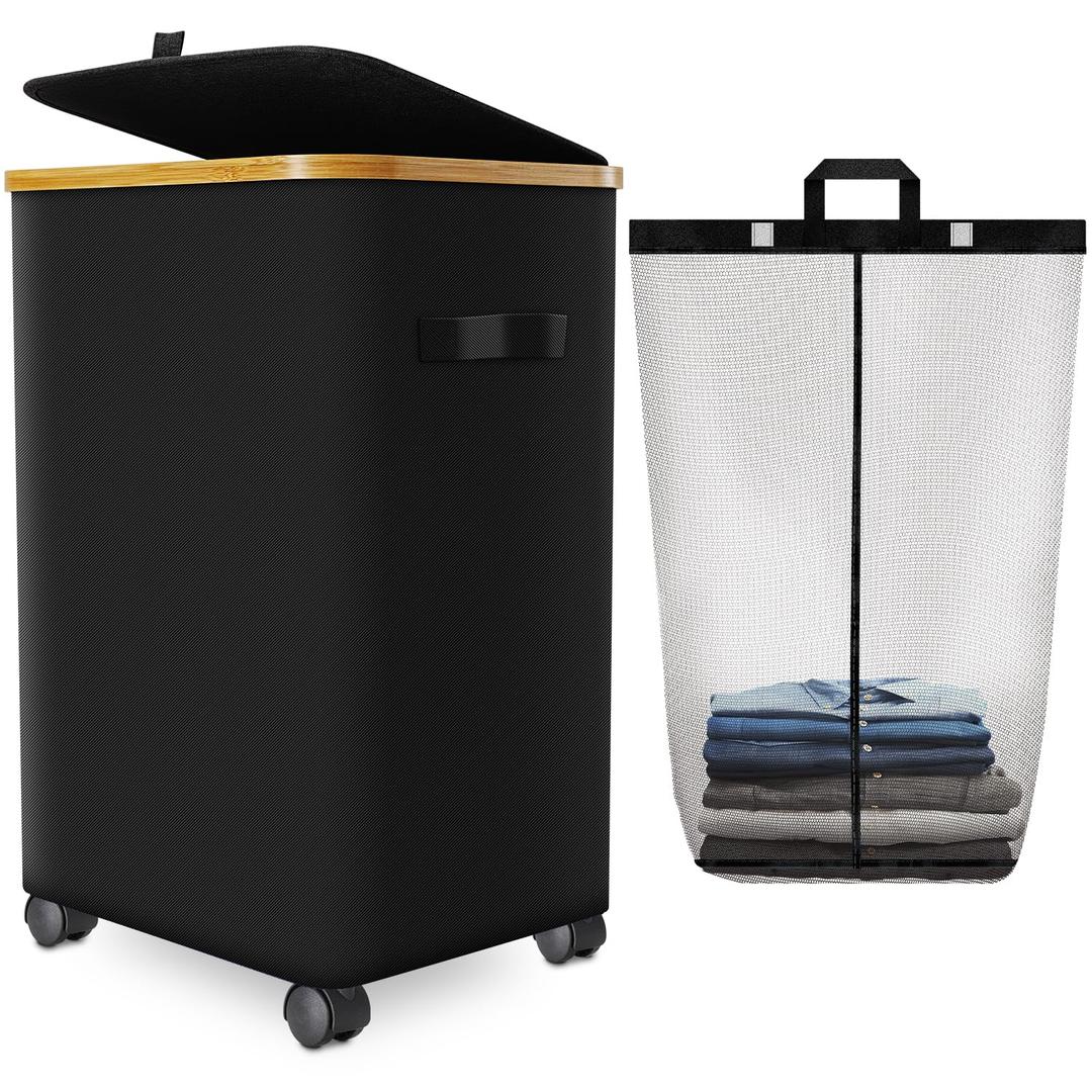Laundry Hamper with Wheels,20 Gal (75L) Laundry Basket with lid Rolling Clothes Hamper Foldable Dirty Clothes Basket on wheels with Bamboo Frame and Bag for Bedroom, Dorm, Laundry Room-Black