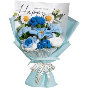 Completed Blue Crochet Flowers Bouquet, Handmade Knitted Bouquet, Crochet Artificial Flowers for Mother's Day, Graduation, Birthday, Wedding, Home Decor, Gifts (Blue Rose)