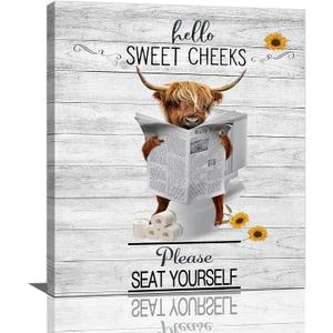 Funny Highland Cow Bathroom Wall Art Highland Cattle Bathroom Wall Decor Cow on Toilet Pictures for Wall Farmhouse Bathroom Sign Please Sit Yourself Canvas Painting Print Artwork Framed Toilet 20"x24"