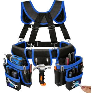 Magnetic Tool Belt, Heavy Duty Tool Pouch for men Magnet Holster Nail Utility Toolbelt Adjustable Waist Holder for Handyman Contractor (26 pockets with suspenders) (Blue)
