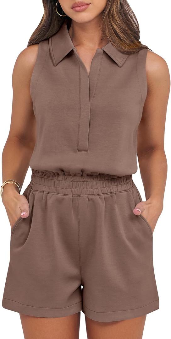 ANRABESS Romper for Womens 2025 Summer Dressy Casual Sleeveless V Neck One Piece Short Jumpsuit Lounge Travel Outfits Clothes (Large, Light Brown)