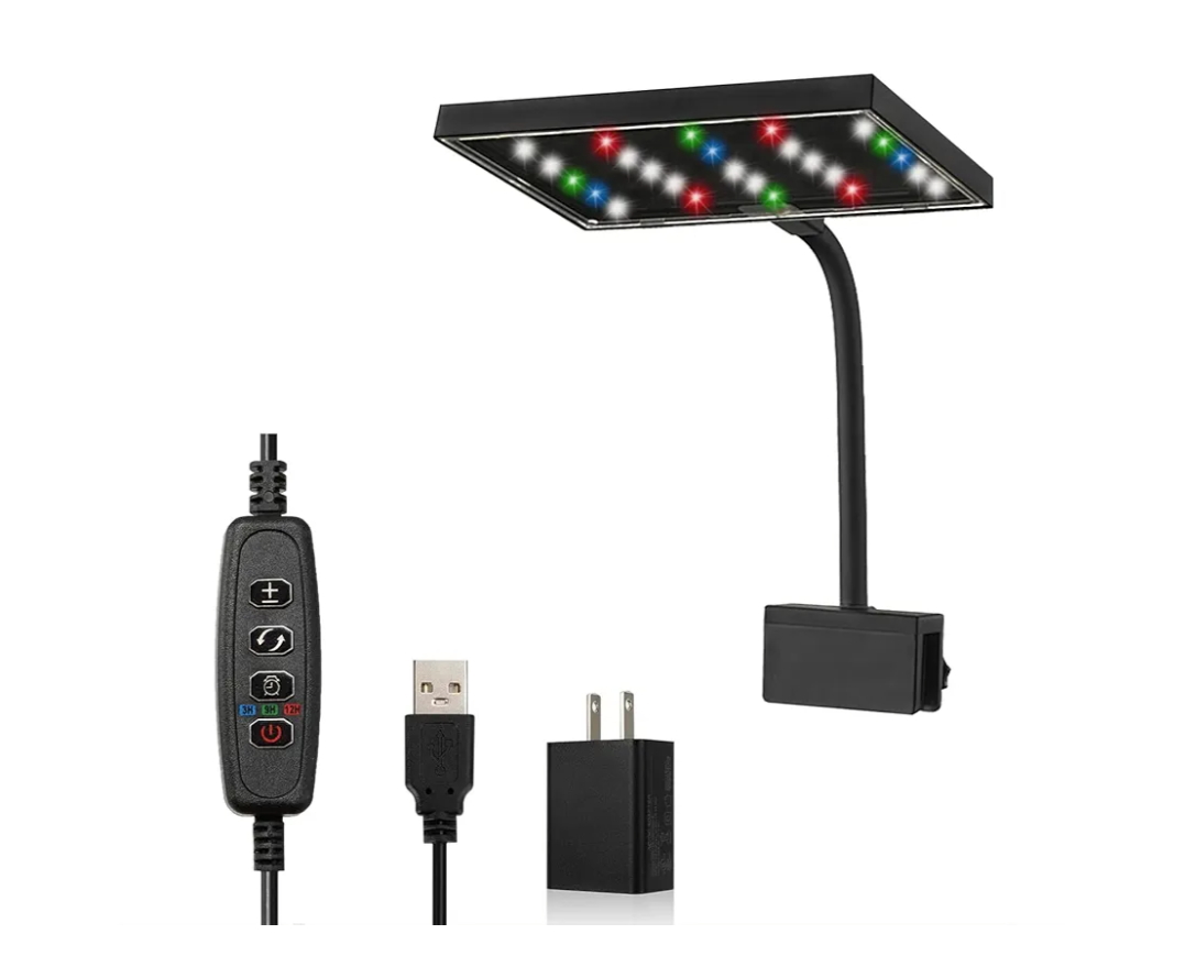 Carefree Fish Aquarium LED Light USB 5V RGBW 5730 Timmer 5~10Gal Fish Tank Clip Light 10 Brightness Levels 8W with USB Port (Include Power Adapter)