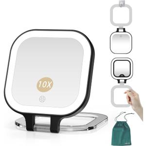 Mocado Compact Travel Makeup Mirror, 1X/10X Magnifying Mirror with Light, Double Sides Compact Mirror with 3 Color Light, Dimmable Handheld Mirror, Rechargeable Travel for Purse, Pocket(Black)