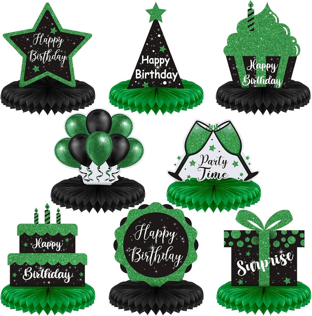 Yexiya 8 Pcs Black and Green Birthday Centerpiece Table Decoration, Happy Birthday Honeycomb Centerpieces Honeycomb Table Toppers for Men Women Party Supplies