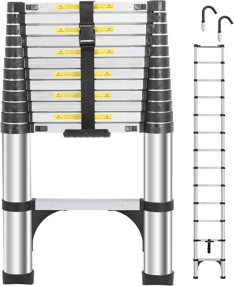 Telescoping Ladders 16.5 FT Aluminum Ladder - One-Button Retraction Collapsible Extension Ladder for Home, RV, Attic & Loft, Lasts 330 LBS with 2 Triangle Stabilizers and 2 Detachable Hooks (16.5 FT (Hooks))