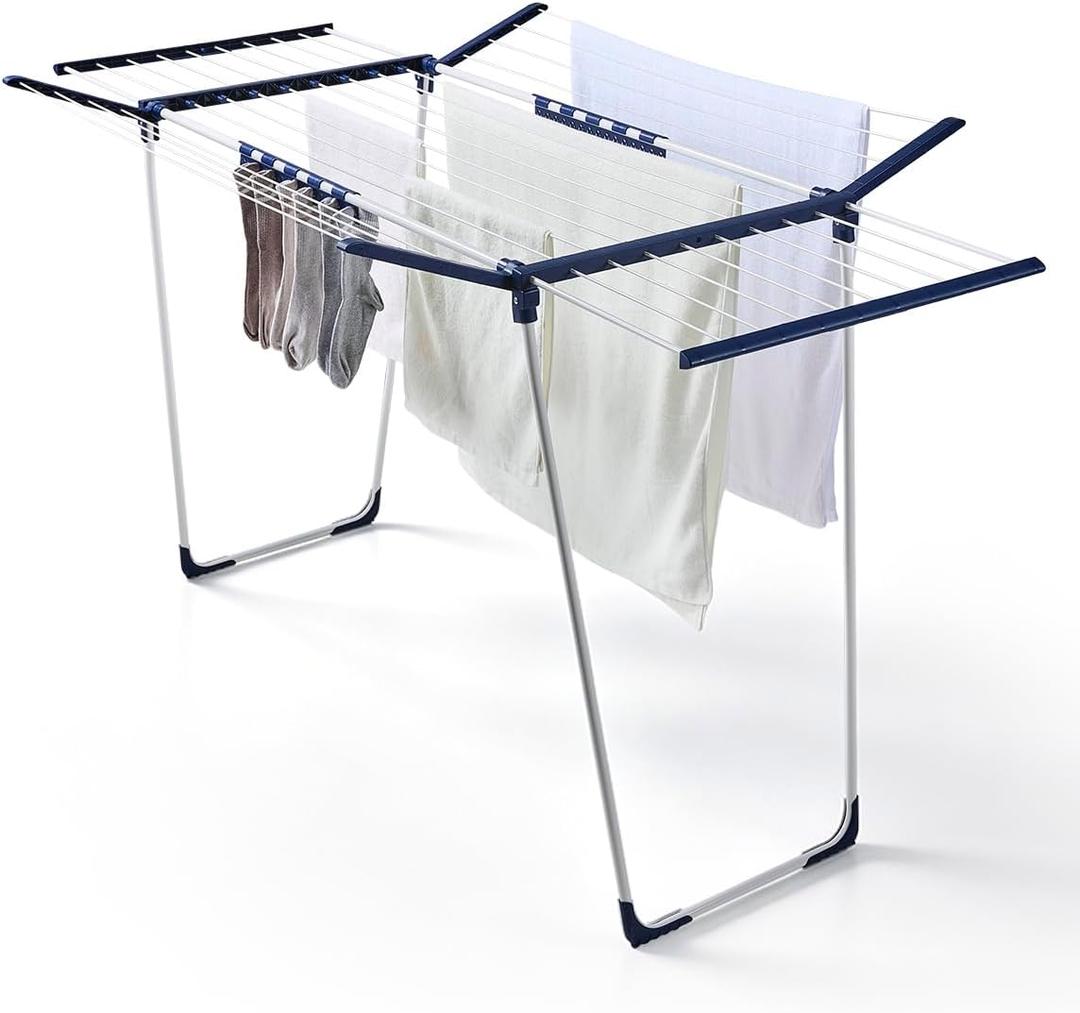 JS HANGER Extendable Clothes Drying Rack with Fold-Out Wings & Sock Clips, Expands from 41" to 67", Extra Wide Laundry Drying Rack Indoor Outdoor, Folding Rack for Clothes, Towels & Delicates