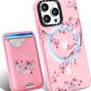 Toycamp for iPhone 15 Pro Case - Compatible with Magsafe Credit Card Holder Wallet Magnetic Cute Women Teen Girls Kawaii Girly Unique Flower Design Phone Cover for Apple 15 Pro 6.1"