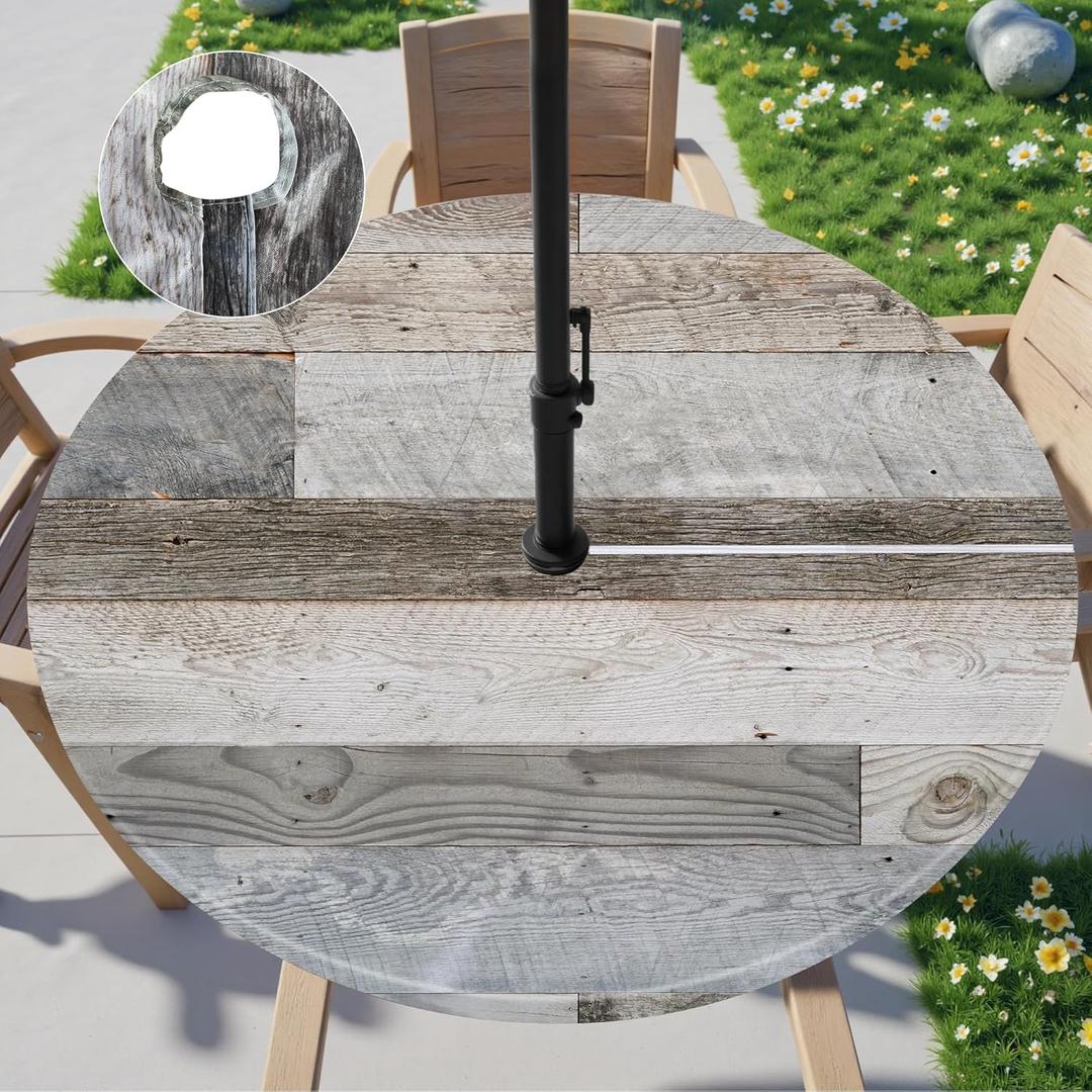 Farmhouse Round Outdoor Fitted Tablecloth with Umbrella Hole Waterproof Patio Table Covers Zippered Wipeable Round Table Cloth for Picnic,Patio,Garden (Wood, 36" - 44")