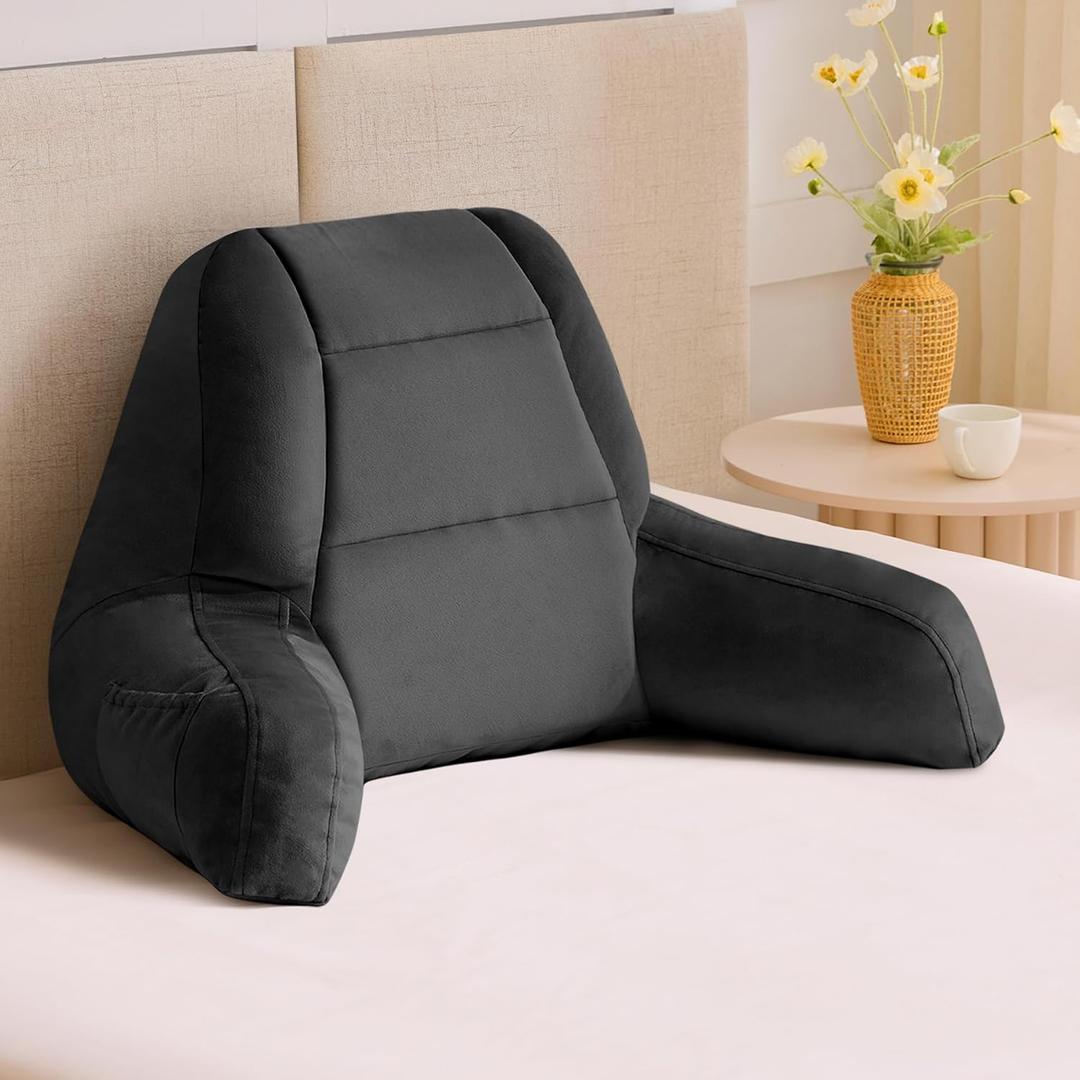 Reading Pillows for Sitting in Bed Adult, Back Pillow for Bed Sitting Up, Backrest Pillows with Shredded Foam for Adult&Teens, Support Pillow with Arms for Beds, Couch, Floor, 18in, Black