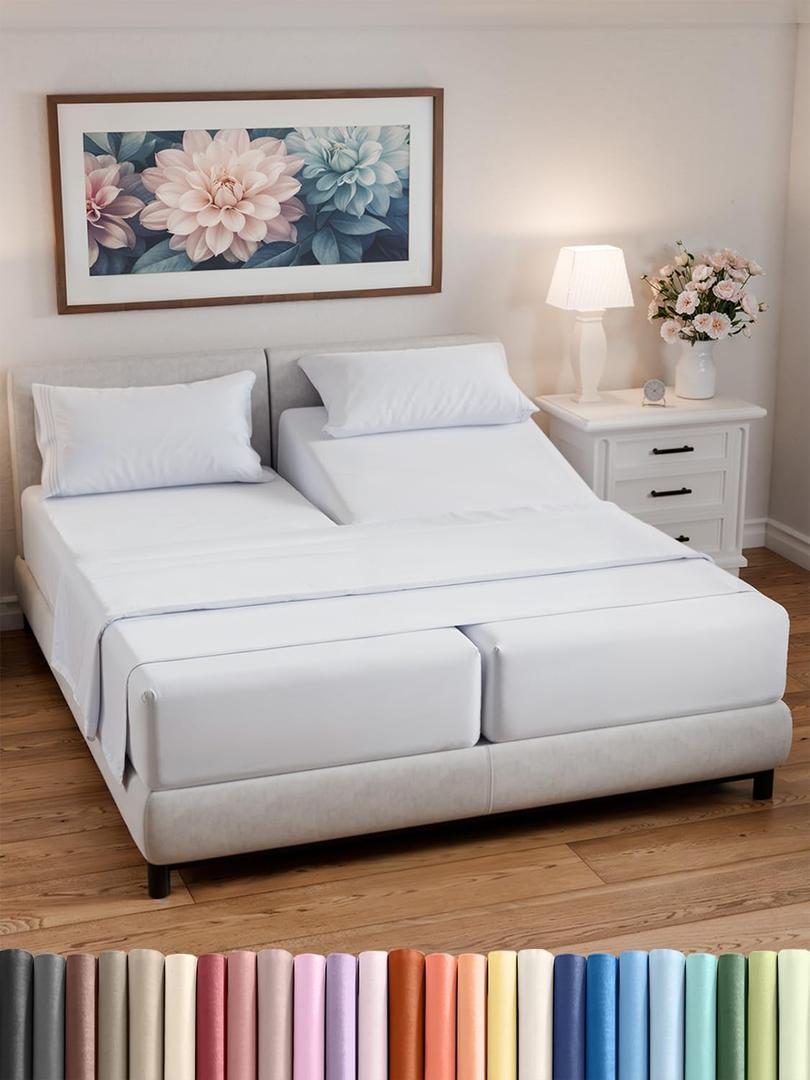 Split California King Bed Sheets - Extra Soft Split California King Sheets Sets  Designed for Split California King Mattresses  Cal King Split Fits 14" to 16" Deep Pocket Fitted Sheet Set  White