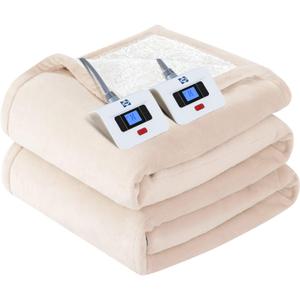 SEALY Electric Blanket Queen Size, Flannel & Sherpa Heated Blanket with 10 Heat Setting & 1-12 Hour Auto Shut Off, Fast Heating Blanket, Machine Washable, Beige, 84 x 90 Inch