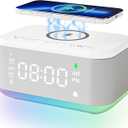 Alarm Clock Speaker Wireless Charger, Digital Alarm Clocks Bedrooms Bluetooth, Alarm Clock Dimmable Light Bedrooms Dual Alarm Snooze Dimmer 12 24H RGB Night Light Bluetooth USB AUX, White