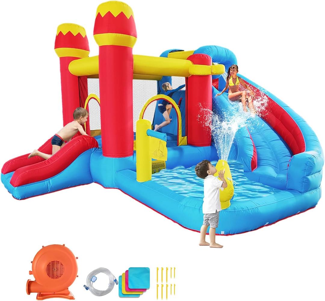 6-in-1 Bounce House Inflatable Water Slide for Kids, Toddler Park with Splash Pool, Indoor Backyard Safe Bouncy Castle, Climbing Wall, Trampoline, Water Cannon, Basket, Air Blower Included. No Pump.