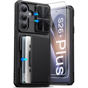 ATATOO for Samsung Galaxy S26+ Plus Case Wallet with HD Tempered Glass Screen Protector [2 Pack], Built-in Card Holder, Slide Camera Cover, Silicone Hard Phone Case for Galaxy S26+ Plus 6.7", Black