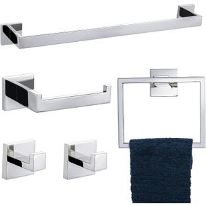 Bathroom Hardware Accessories Set Polished Chrome Towel Bar Sets Include Towel Bar Towel Holder Toilet Paper Holder Towel Hook,5 Pieces Stainless Steel Wall Mounted