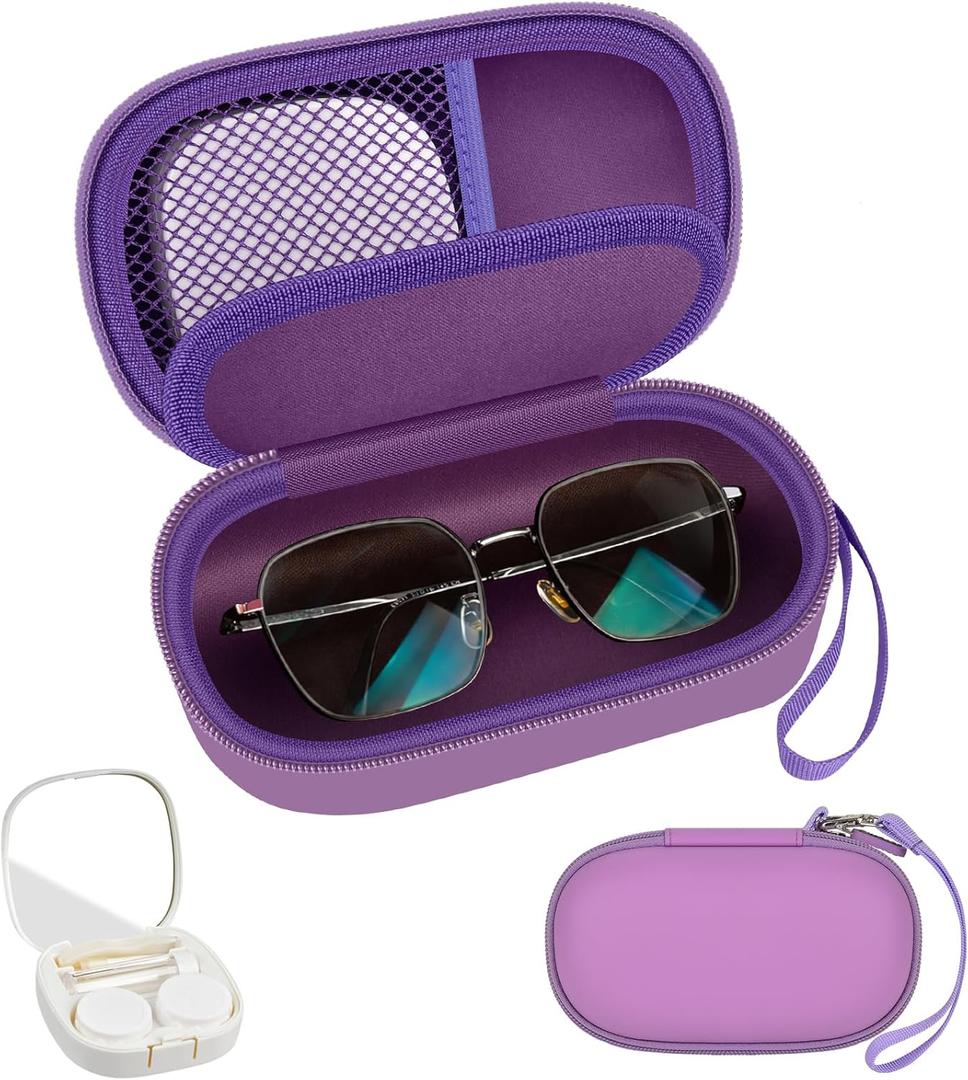 Portable 2 in 1 Contact Lens Case and Glasses Case, Traveling Contact Cases Bag Box Holder with Soak Storage Kit Included Built-in Mirror, Tweezer, Contact Lens Solution Bottle and Hand Strap-Purple