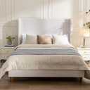 King Size Textured Canvas Bed Frame with 54" Tall Headboard - Ivory Wingback Upholstered Platform Bed Elegant Simplicity Bedroom Furniture Strong Mattress Wood Slats Support No Box Spring Needed