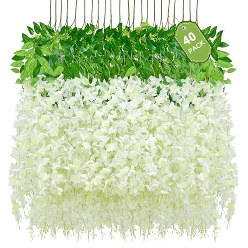 Waipfaru 40 Pack White Wisteria Hanging Flowers, Fake Flowers for Decoration, Artificial Hanging Flowers, Vines for Bedroom, Flower Garland for Home, Party, Wall, Wedding Decoration(3.6 Ft/Pcs)