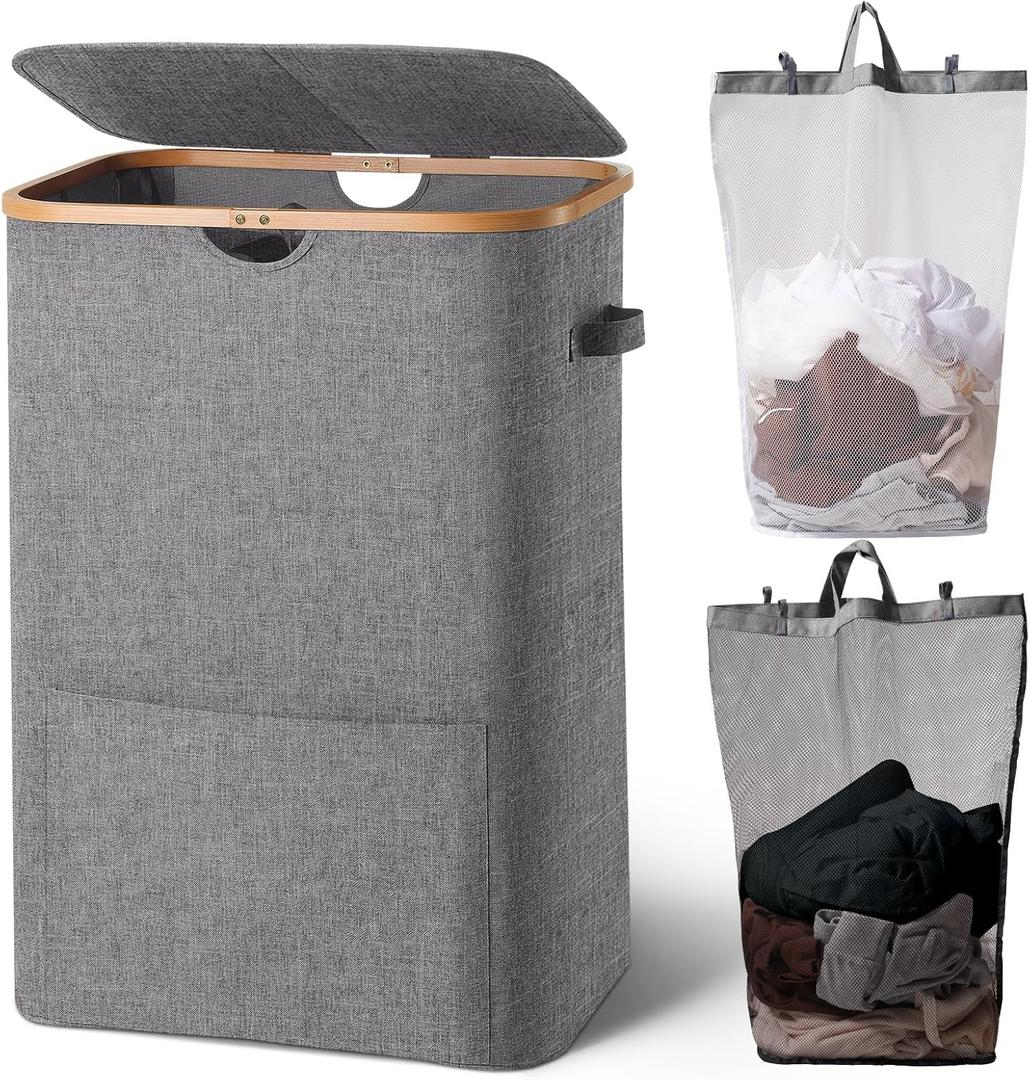 Laundry Basket with Lid,Double Laundry Hamper with Handles and 2 Removable Inner Bags,Large Hamper with Bamboo Handles for Laundry Room, Dorm and Bedroom,150L Grey
