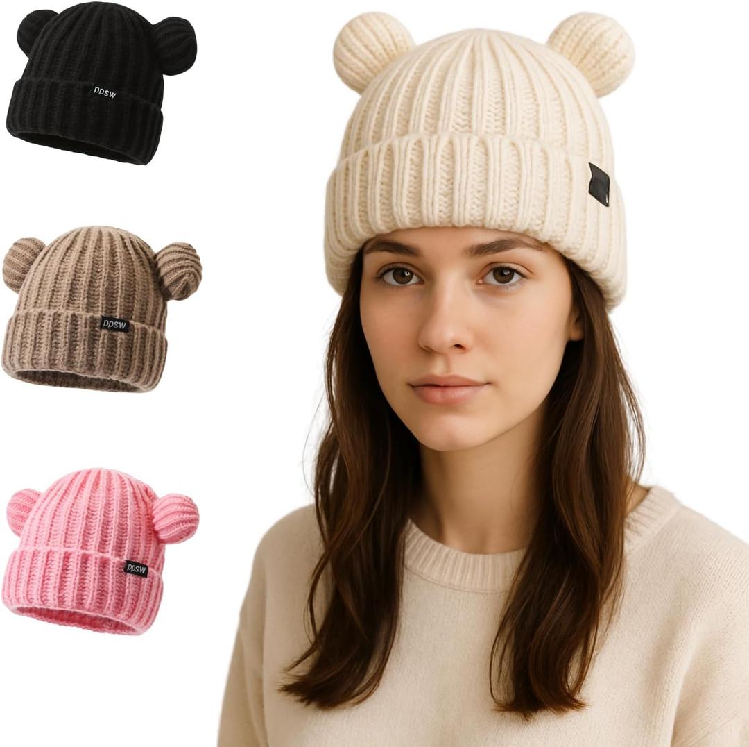 Adult Knit Beanie, Winter Bear Ears Warm Knitted Fleece Lined Woollen Ski Pompom Hat (Medium-Large, White)