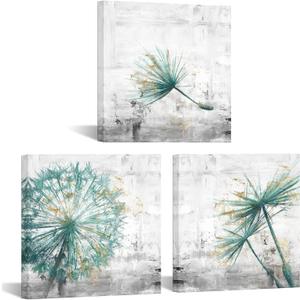 3 Piece Framed Canvas Wall Art Teal Dandelion on Rustic Grey Background Canvas Prints Home Artwork Decoration for Living Room Bedroom Farmhouse Decor 12x12x3 Panels (Small)