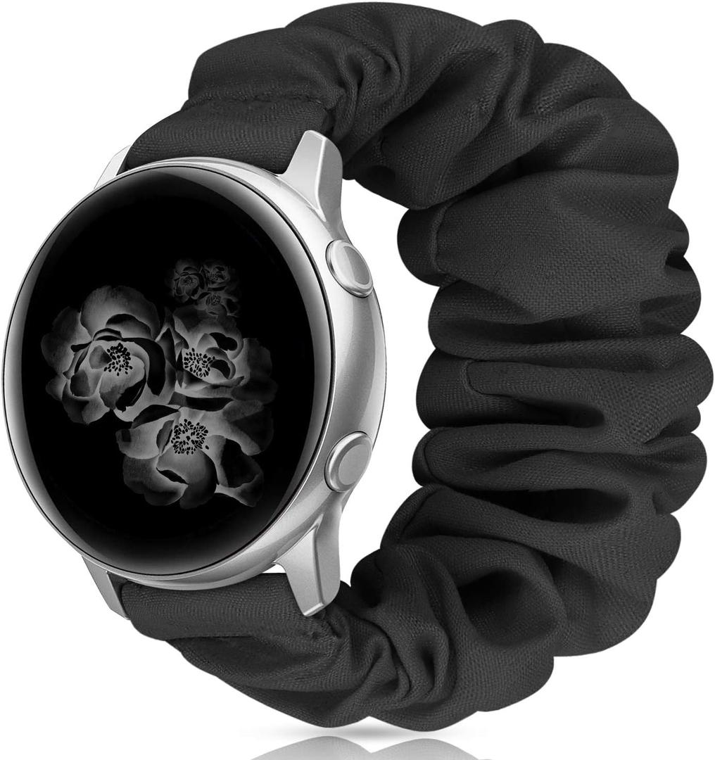 20mm 22mm Scrunchies Watch Bands, Elastic Replacement Bands for Samsung Galaxy Watch 4 5 Pro 6 7 Classic Galaxy Active 1 2 40mm 44mm for Women Bla-S