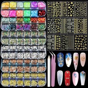 Artdone Nail Art Studs Kit, 6 boxes Multicolor And Design 3D Charms Pearls With 15 Sheets Gold Nail Stickers, Diamond Cute Nail Jewels For DIY Decoration with Pickup Tools