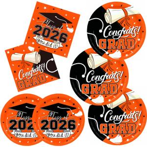 Gatherfun Graduation decorations 2026 Orange Graduation Party Plates and Napkins Disposable Paper Plates Luncheon Napkins for Congrats Grad Party Decorations, Serve 50