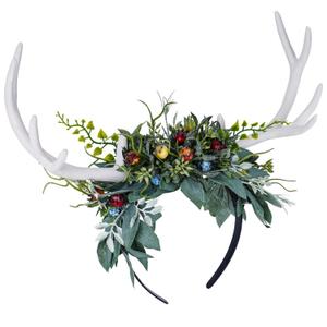 MOSTORY Handmade White Antler Headband with Green Leaves - Woodland Deer Horns Hairband Forest Reindeer Headpiece with Fruits for Women Girls Renaissance Hallowen Cosplay Photo Shoot